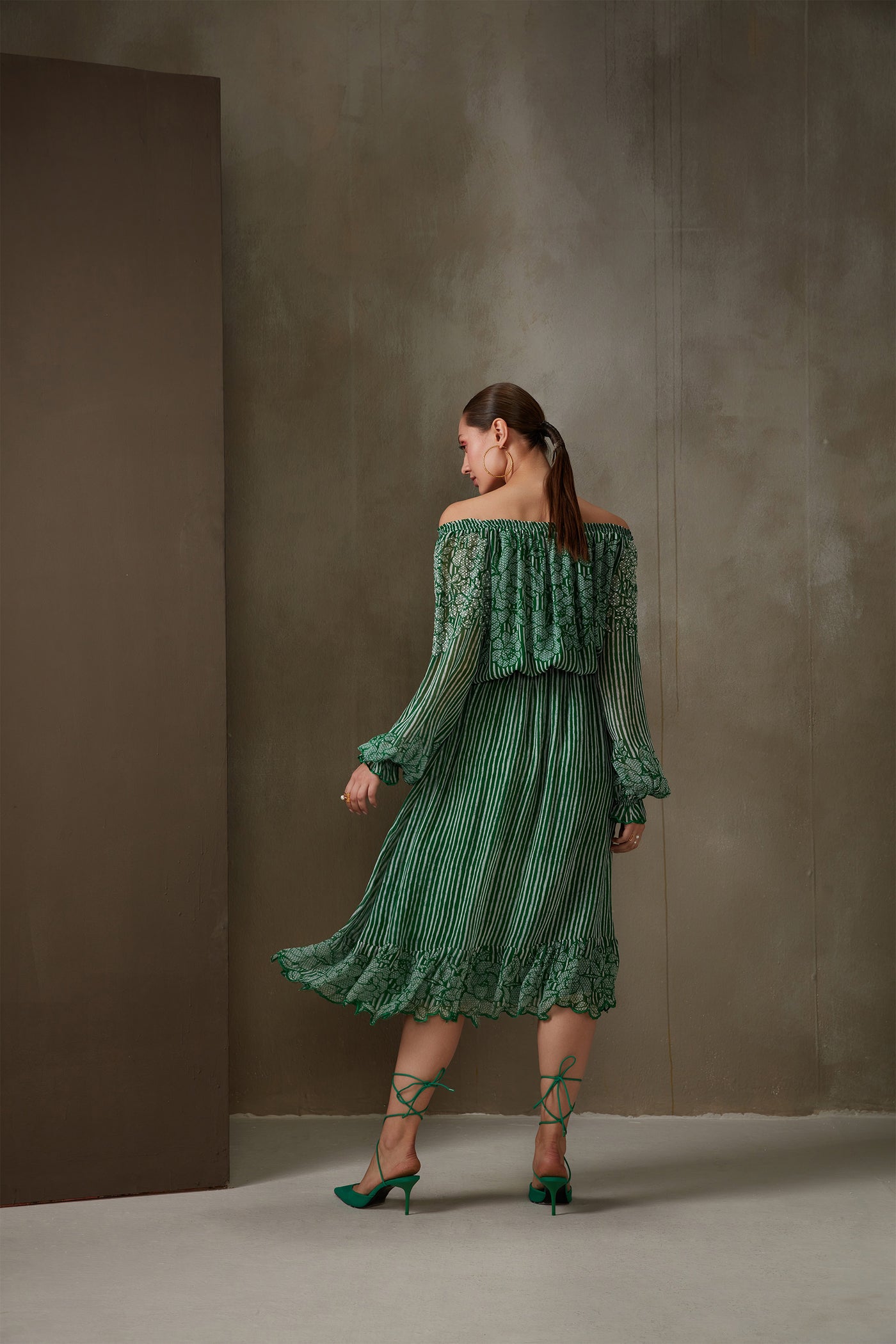 Namrata Joshipura Bandhej Freesia Bardot Dress kelly green western indian designer wear online shopping melange singapore