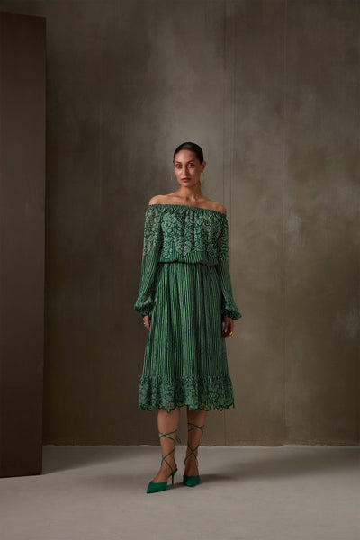 Namrata Joshipura Bandhej Freesia Bardot Dress kelly green western indian designer wear online shopping melange singapore