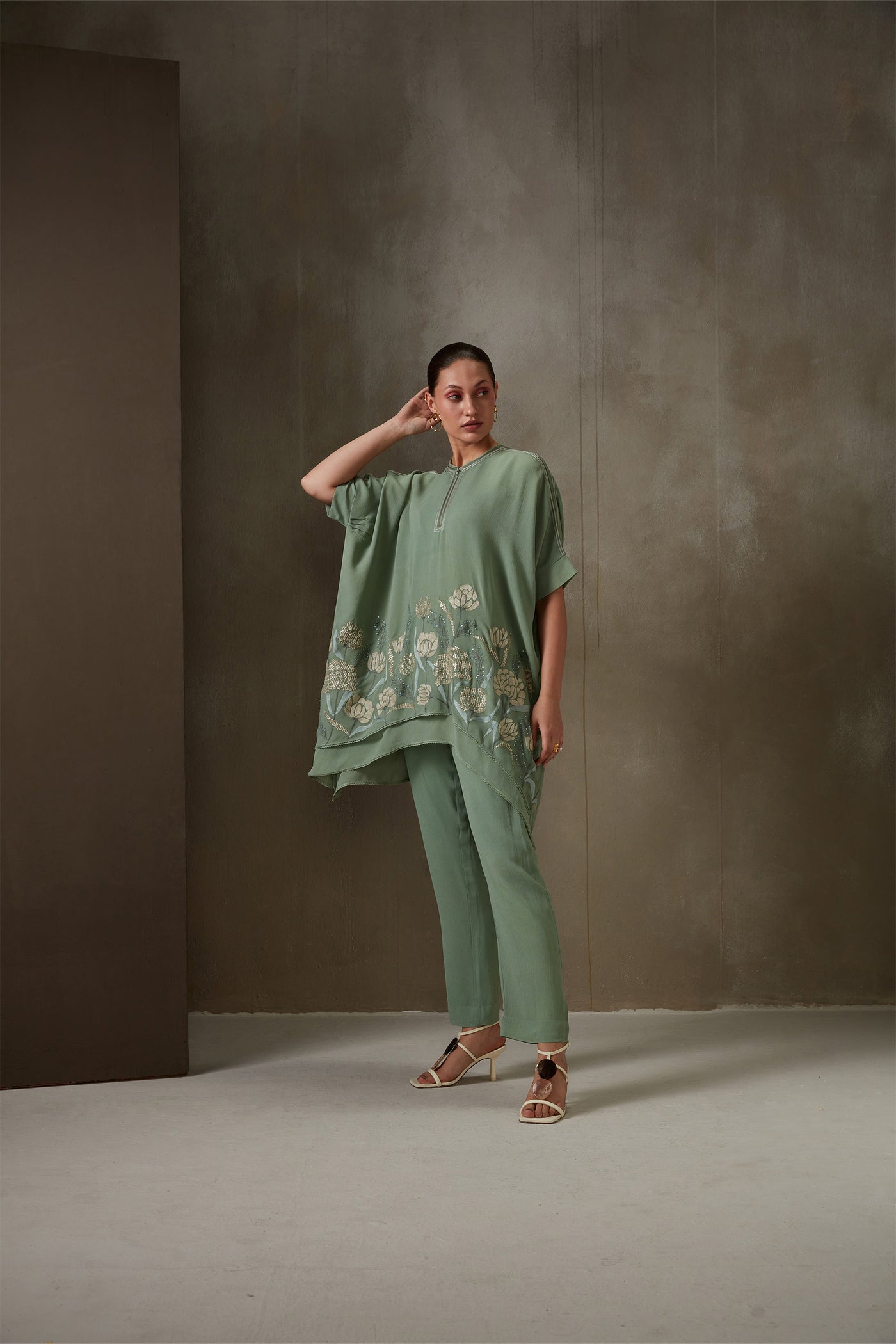 Namrata Joshipura Camelia Asymmetric Hem Set jade western indian designer wear online shopping melange singapore