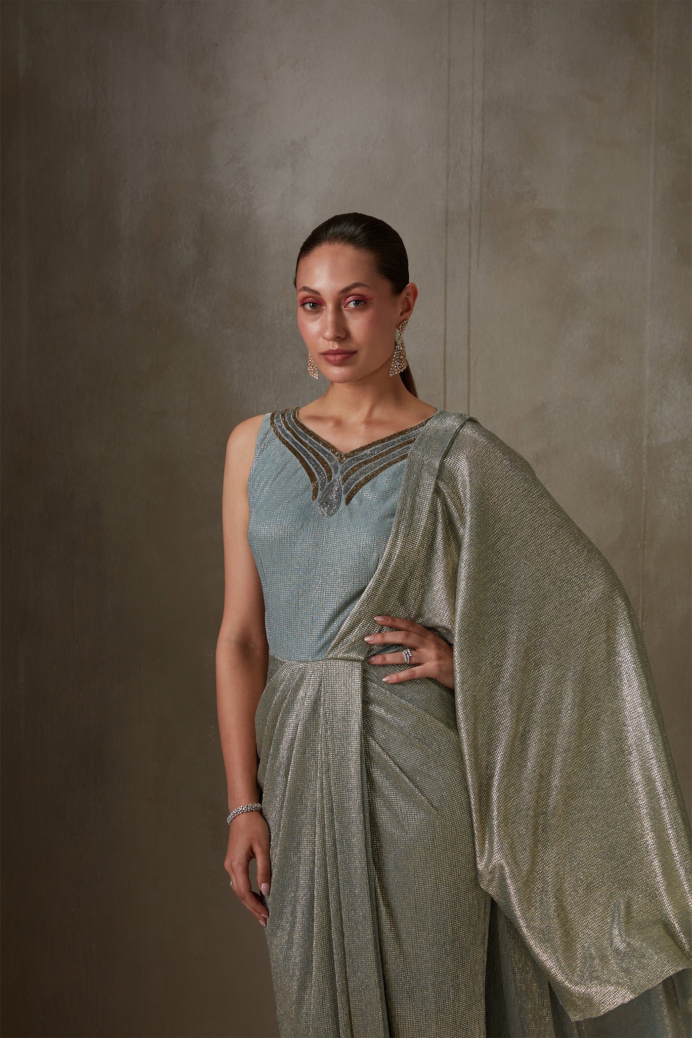 Namrata Joshipura Jewel Neck Ombre Drape Set gold western indian designer wear online shopping melange singapore