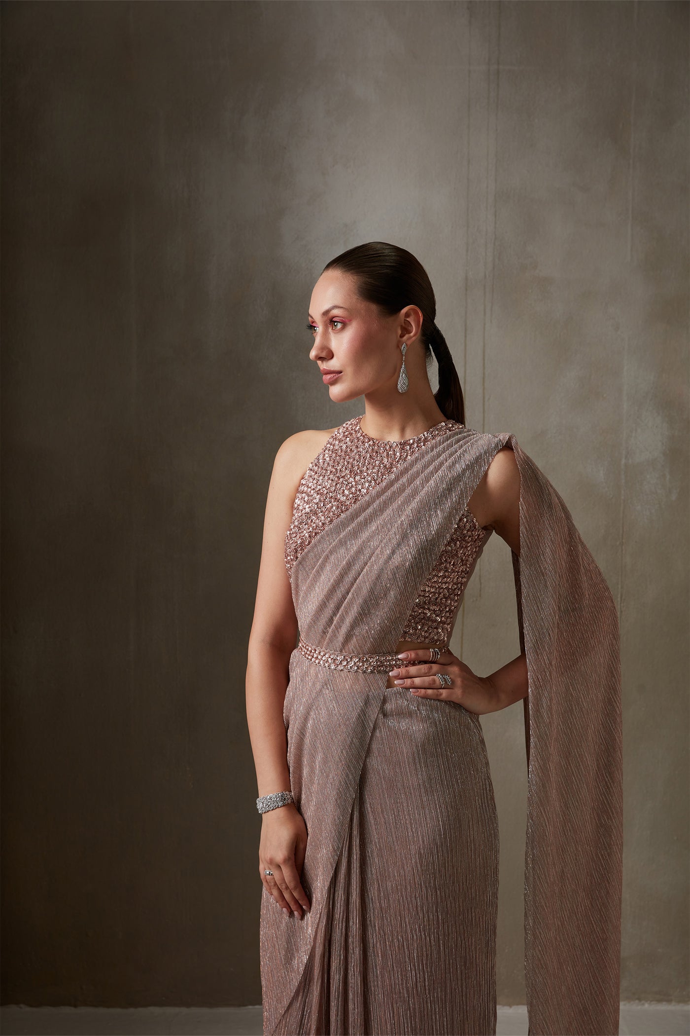 Namrata Joshipura Prism Shimmer Pleated Set rose pink western indian designer wear online shopping melange singapore