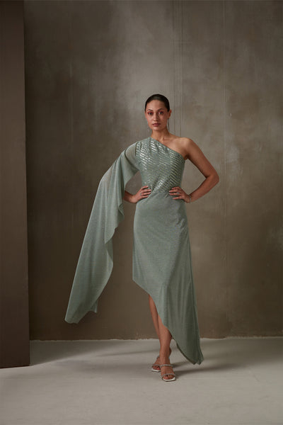 Namrata Joshipura Streaks One Off Shoulder Dress jade western indian designer wear online shopping melange singapore