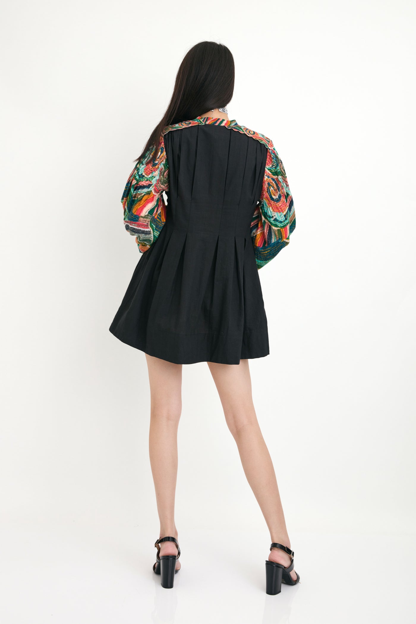 Nika Black Cotton Embroidered Collar Dress With Ocean Wave Sleeve Details sustainable western indian designer wear online shopping melange singapore