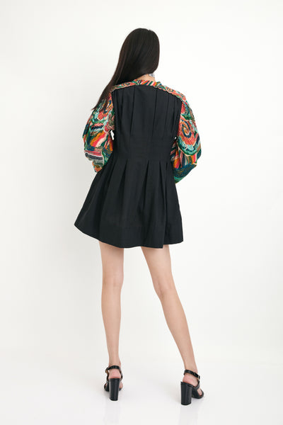 Nika Black Cotton Embroidered Collar Dress With Ocean Wave Sleeve Details sustainable western indian designer wear online shopping melange singapore