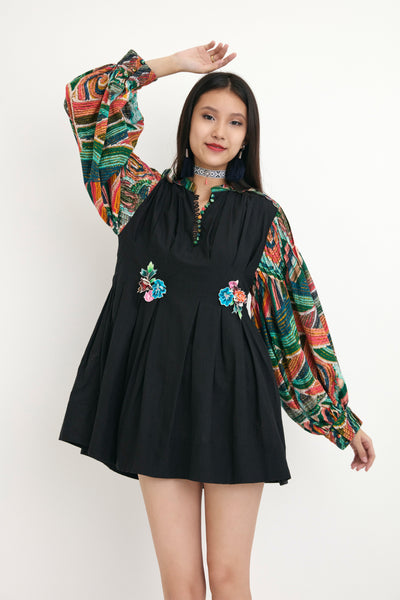 Nika Black Cotton Embroidered Collar Dress With Ocean Wave Sleeve Details sustainable western indian designer wear online shopping melange singapore