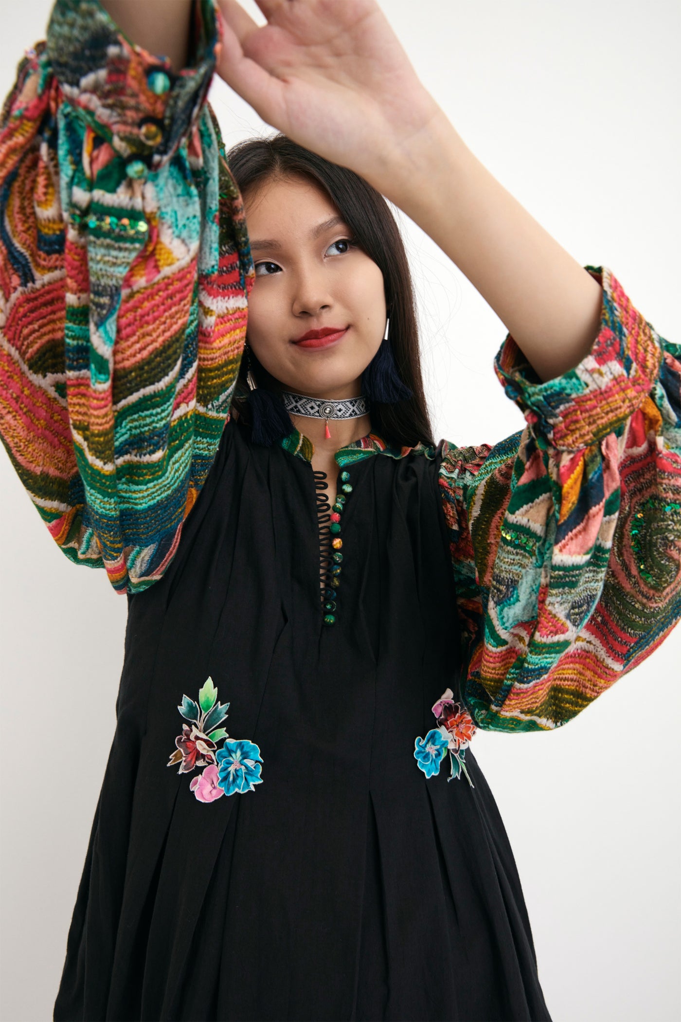 Nika Black Cotton Embroidered Collar Dress With Ocean Wave Sleeve Details sustainable western indian designer wear online shopping melange singapore