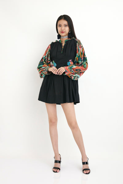 Nika Black Cotton Embroidered Collar Dress With Ocean Wave Sleeve Details sustainable western indian designer wear online shopping melange singapore