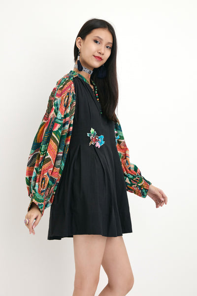 Nika Black Cotton Embroidered Collar Dress With Ocean Wave Sleeve Details sustainable western indian designer wear online shopping melange singapore