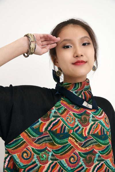 Nika Black Iconic Ocean Wave Painted Silk Top sustainable western indian designer wear online shopping melange singapore