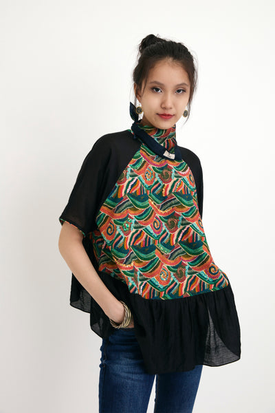 Nika Black Iconic Ocean Wave Painted Silk Top sustainable western indian designer wear online shopping melange singapore