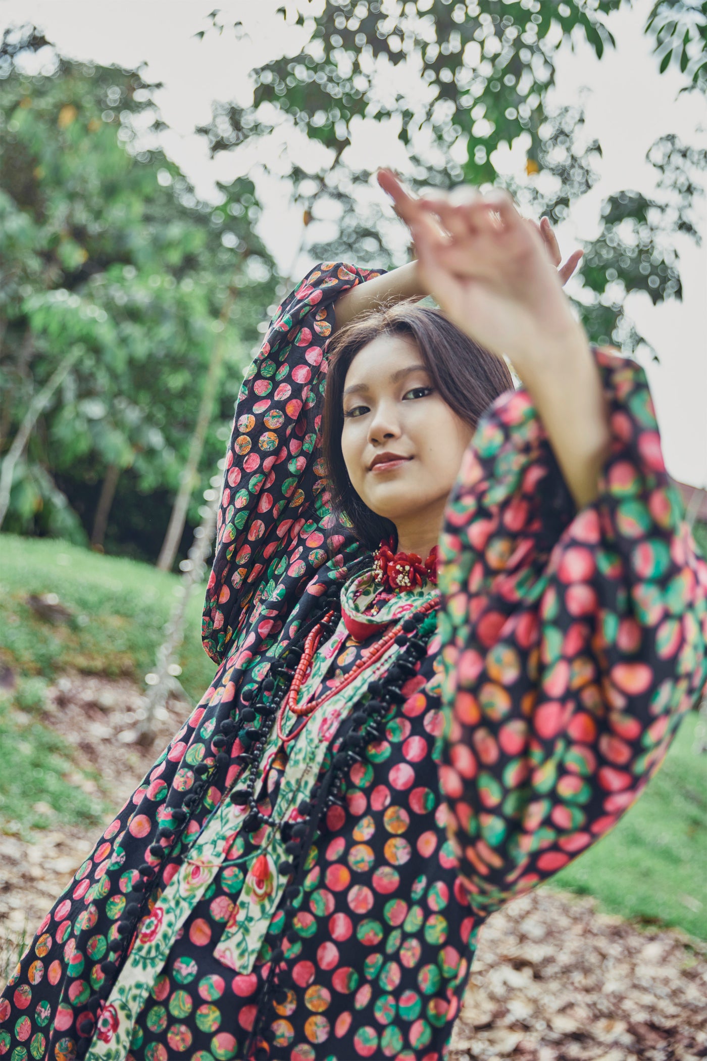 Nika Black Polka Dot Hand Painted Cotton Silk Long Dress sustainable western indian designer wear online shopping melange singapore