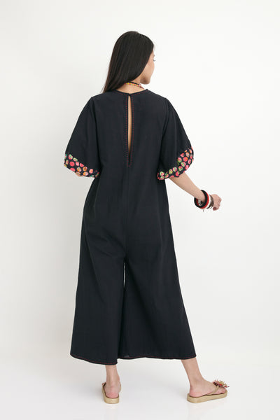 nika Black Silk Jumpsuit With Polka Dot Print sustainable western indian designer wear online shopping melange singapore