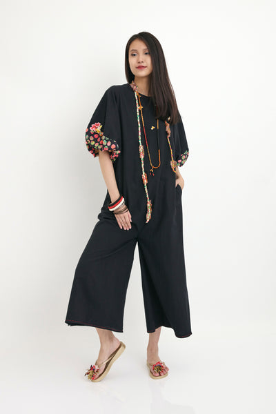 nika Black Silk Jumpsuit With Polka Dot Print sustainable western indian designer wear online shopping melange singapore