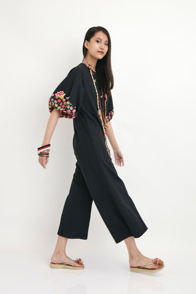 nika Black Silk Jumpsuit With Polka Dot Print sustainable western indian designer wear online shopping melange singapore