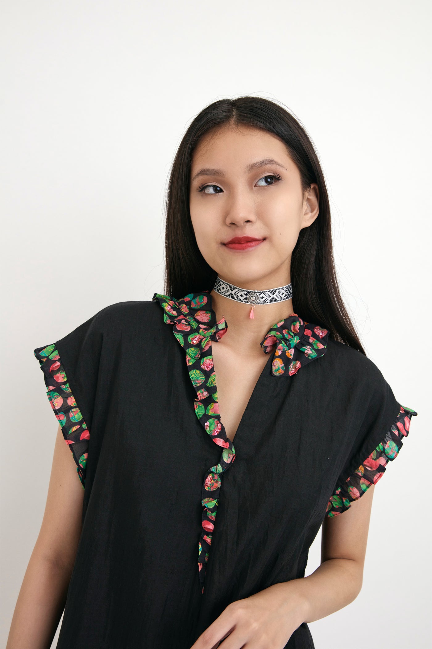 Nika Black With Polka Dot Printed Silk Collar Tunic sustainable western indian designer wear online shopping melange singapore