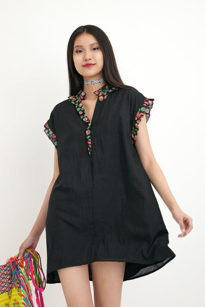 Nika Black With Polka Dot Printed Silk Collar Tunic sustainable western indian designer wear online shopping melange singapore