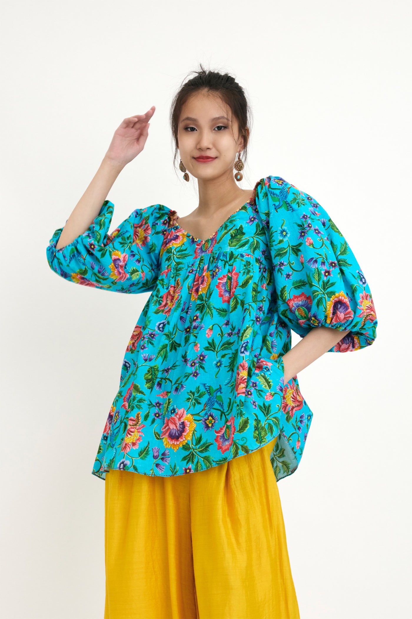 Nika Blue Chintz Hand Painted Embroidered Cotton Dress sustainable western indian designer wear online shopping melange singapore