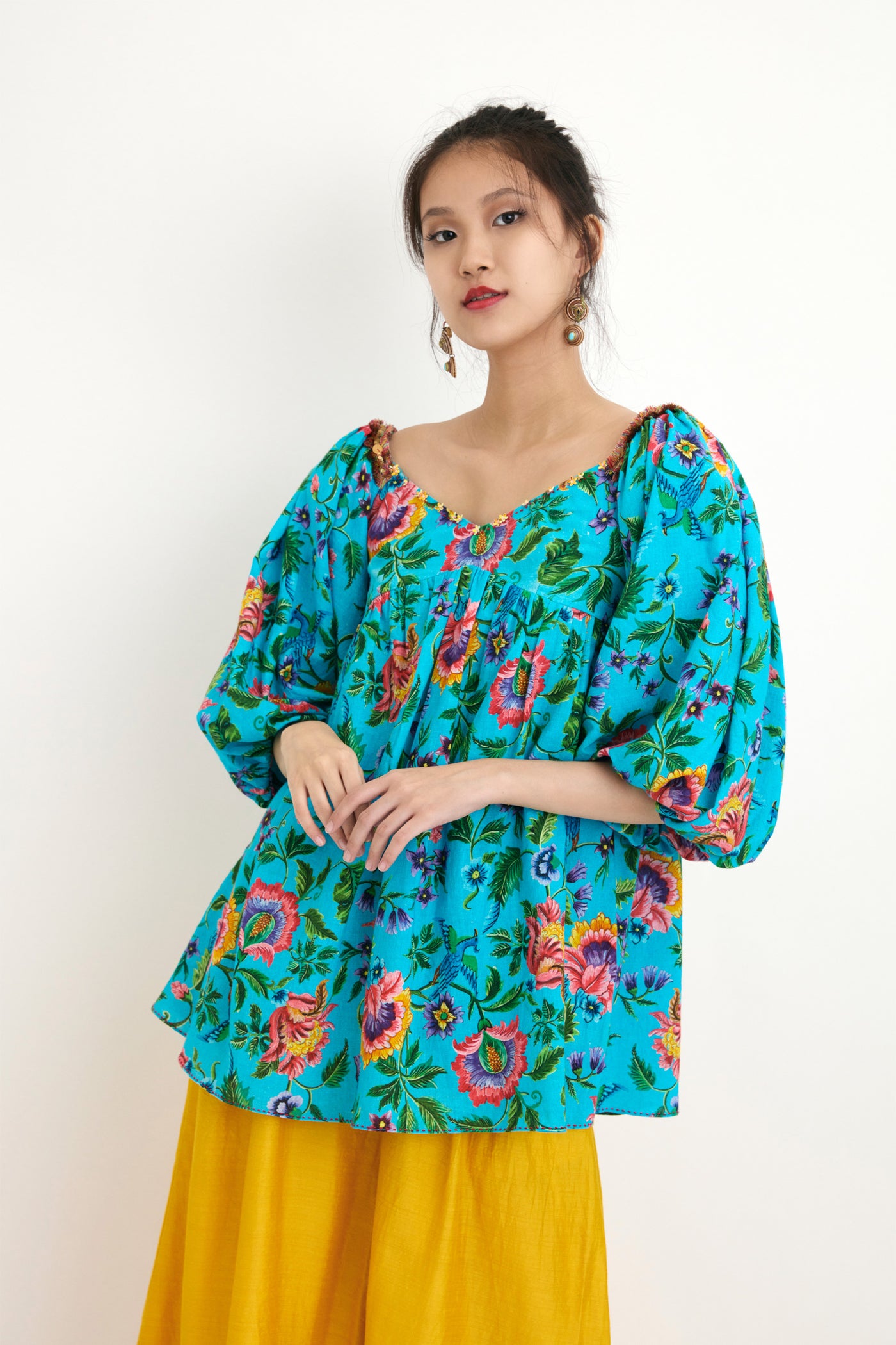 Nika Blue Chintz Hand Painted Embroidered Cotton Dress sustainable western indian designer wear online shopping melange singapore