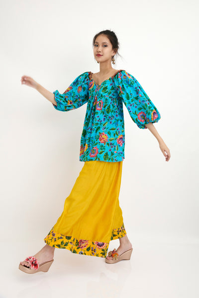 Nika Blue Chintz Hand Painted Embroidered Cotton Dress sustainable western indian designer wear online shopping melange singapore
