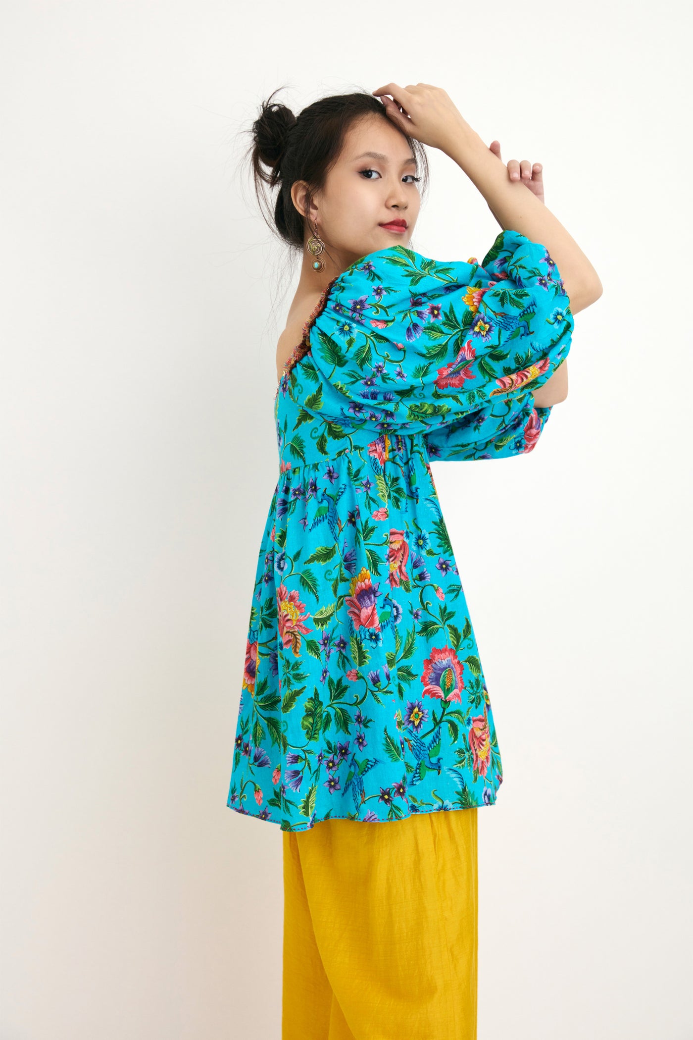 Nika Blue Chintz Hand Painted Embroidered Cotton Dress sustainable western indian designer wear online shopping melange singapore