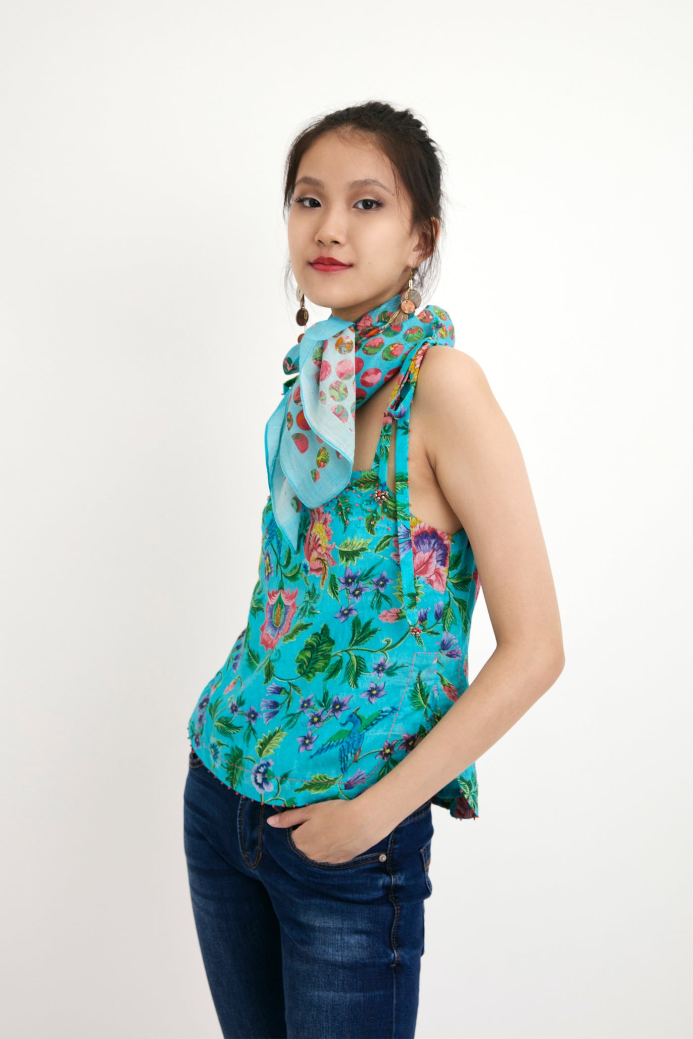 Nika Blue Chintz Printed Cotton Silk Camisole sustainable western indian designer wear online shopping melange singapore