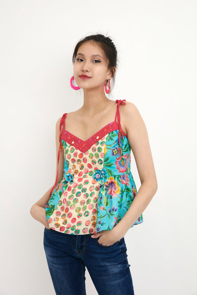 Nika Blue Cream Polka And Chintz Printed Cotton Silk Cami Top sustainable western indian designer wear online shopping melange singapore