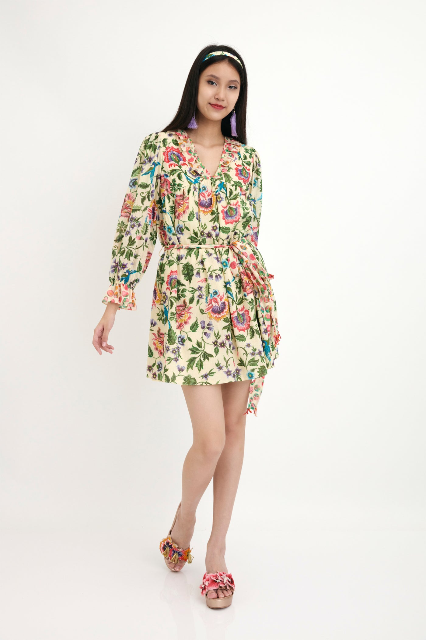 Nika Cream Chintz Hand Painted Cotton Silk Embroidered Dress sustainable western indian designer wear online shopping melange singapore