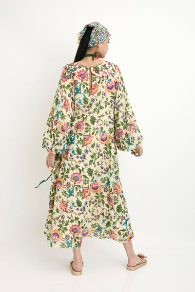 Nika Cream Chintz Hand Printed Embroidered Cotton Long Dress sustainable western indian designer wear online shopping melange singapore