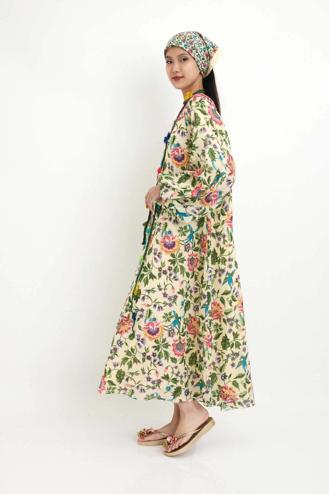 Nika Cream Chintz Hand Printed Embroidered Cotton Long Dress sustainable western indian designer wear online shopping melange singapore