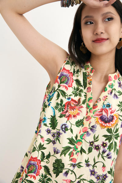 NIKA Cream Chintz And Polka Dot Cotton Hand Painted Embroidered Sleeveless Tunic sustainable western indian designer wear online shopping melange singapore