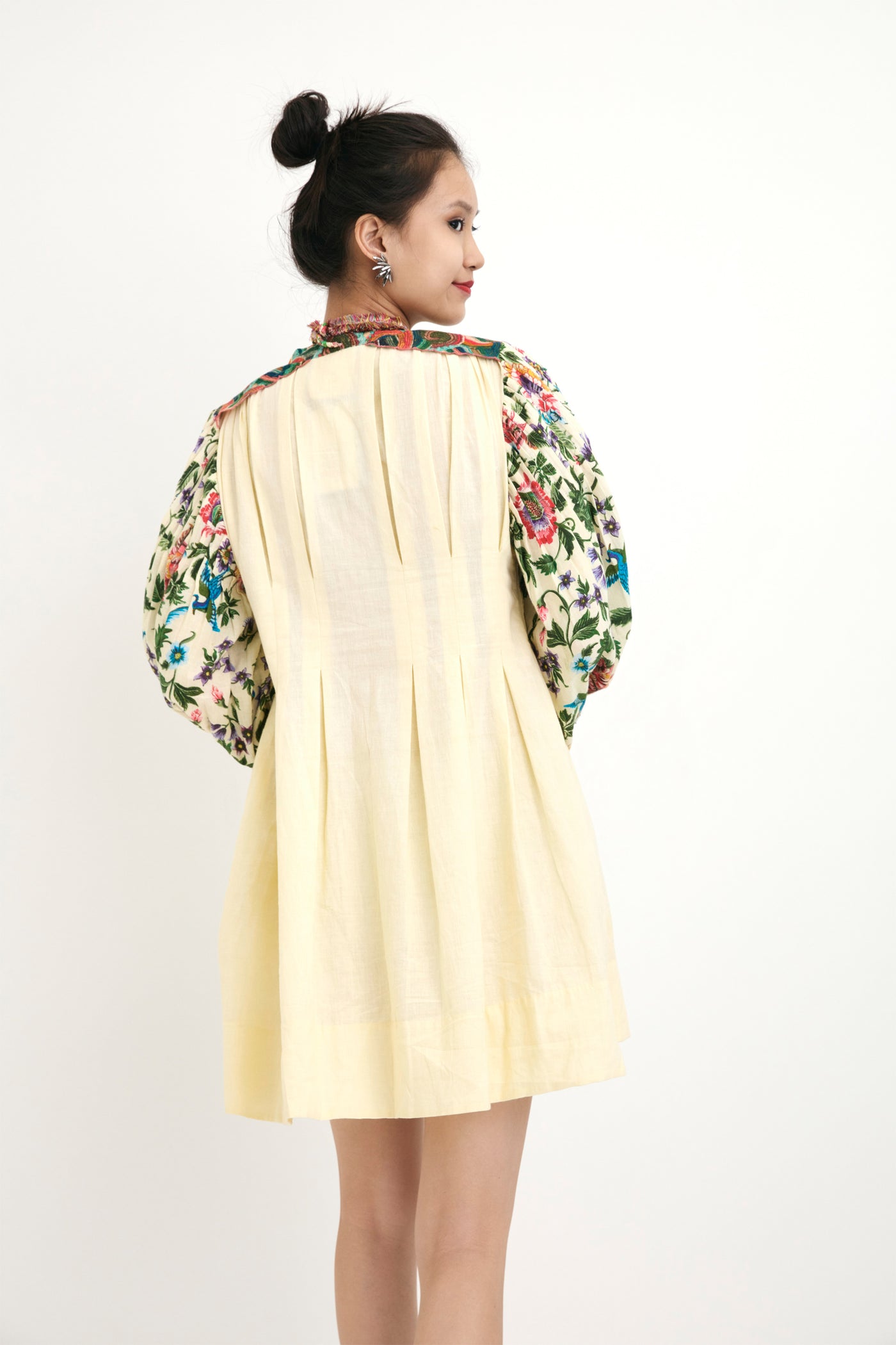 Nika Cream Cotton Embroidered Collar Dress With Chintz Sleeve Details sustainable western indian designer wear online shopping melange singapore