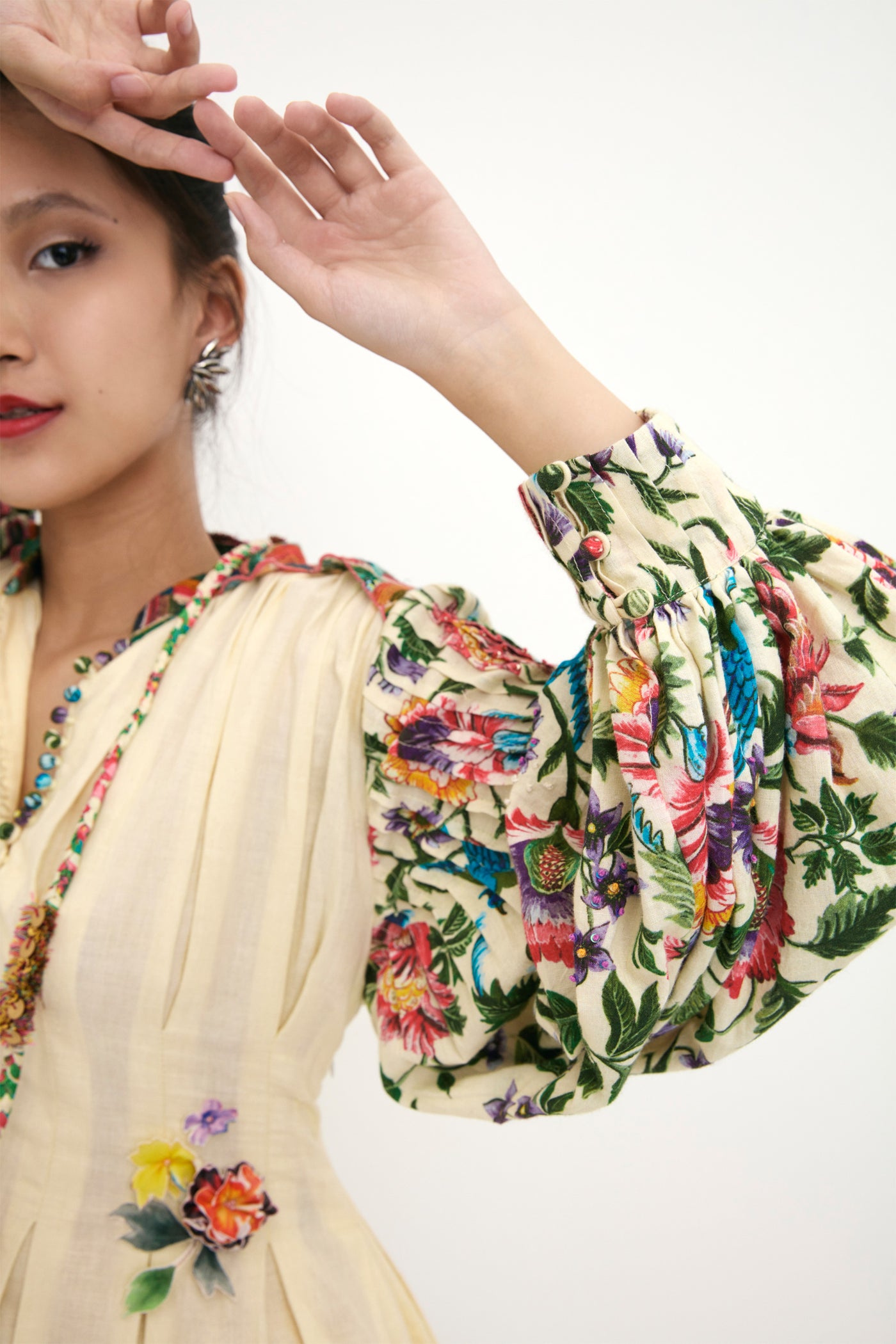 Nika Cream Cotton Embroidered Collar Dress With Chintz Sleeve Details sustainable western indian designer wear online shopping melange singapore
