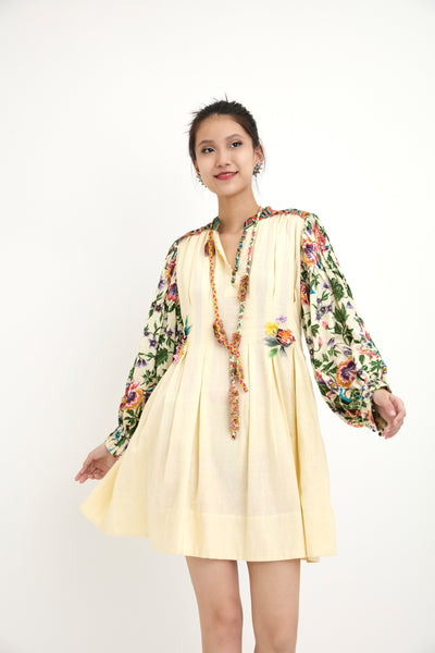 Nika Cream Cotton Embroidered Collar Dress With Chintz Sleeve Details sustainable western indian designer wear online shopping melange singapore