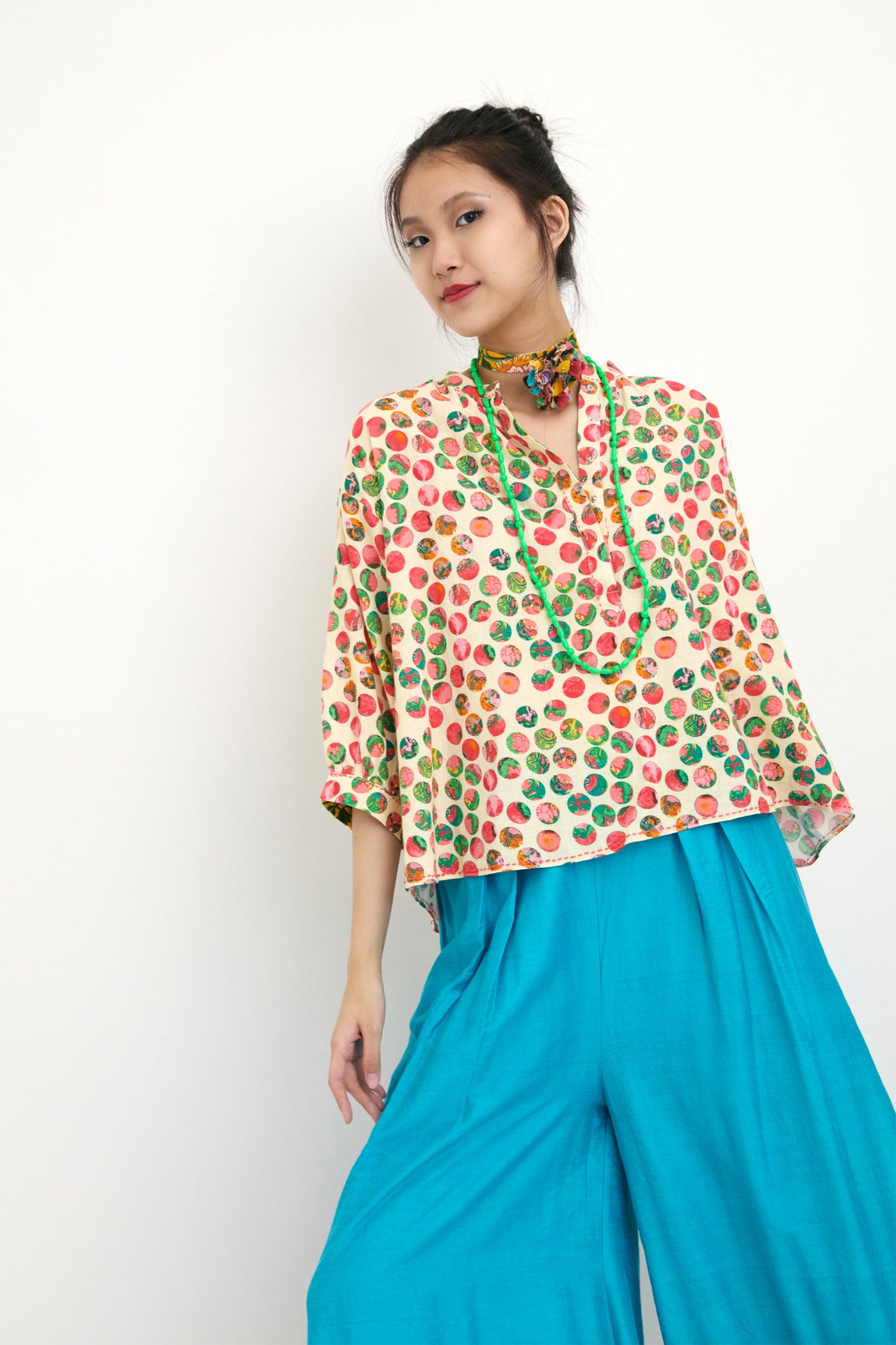 Nika Cream Polka Dot Hand Printed Silk Tunic sustainable western indian designer wear online shopping melange singapore