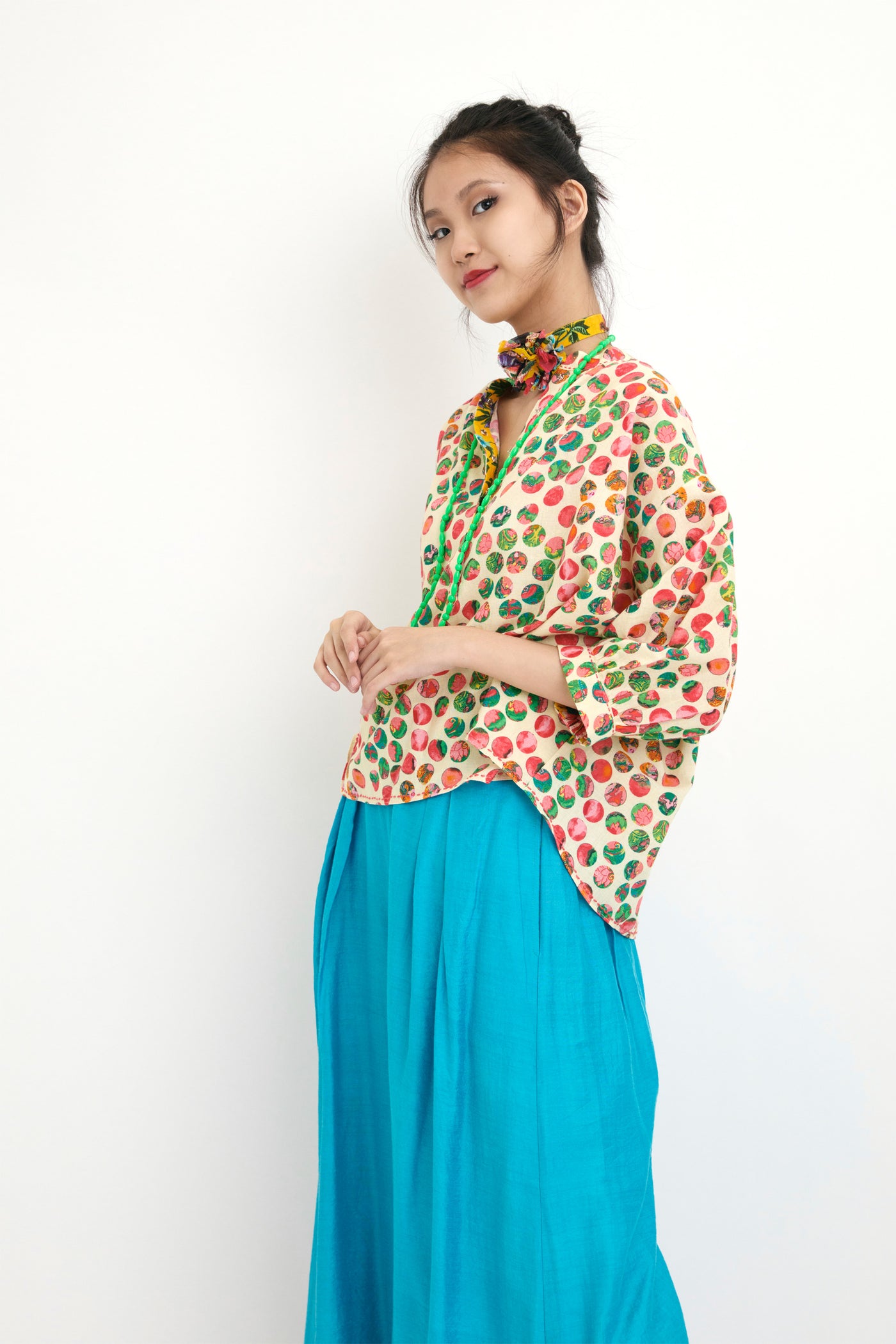 Nika Cream Polka Dot Hand Printed Silk Tunic sustainable western indian designer wear online shopping melange singapore