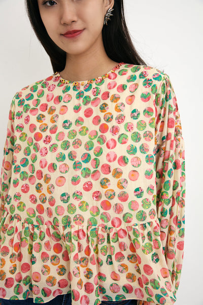 Nika Cream Polka Dot Printed Cotton Silk Embroidered Top sustainable western indian designer wear online shopping melange singapore