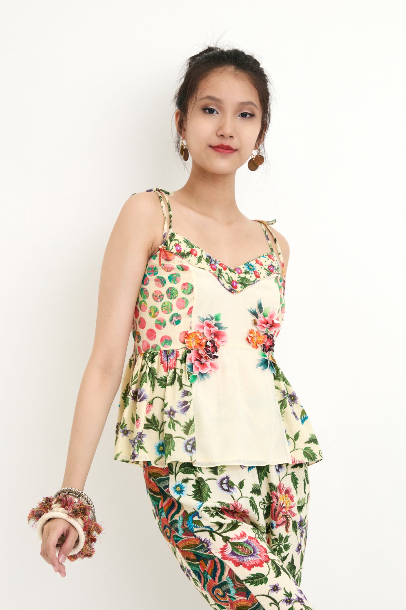 Cream Polka And Chintz Printed Cotton Silk Cami Top