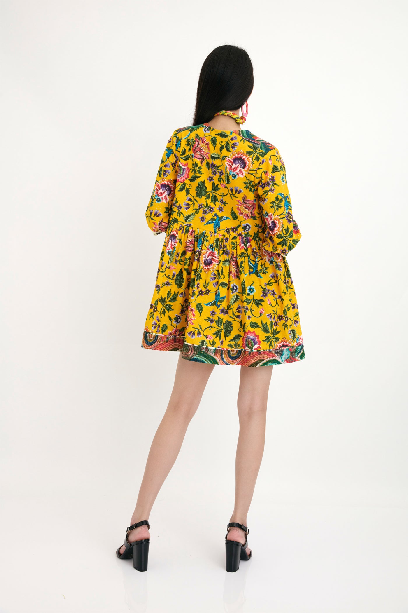 Nika Yellow Chintz Printed Hand Embroidered Cotton Dress sustainable western indian designer wear online shopping melange singapore