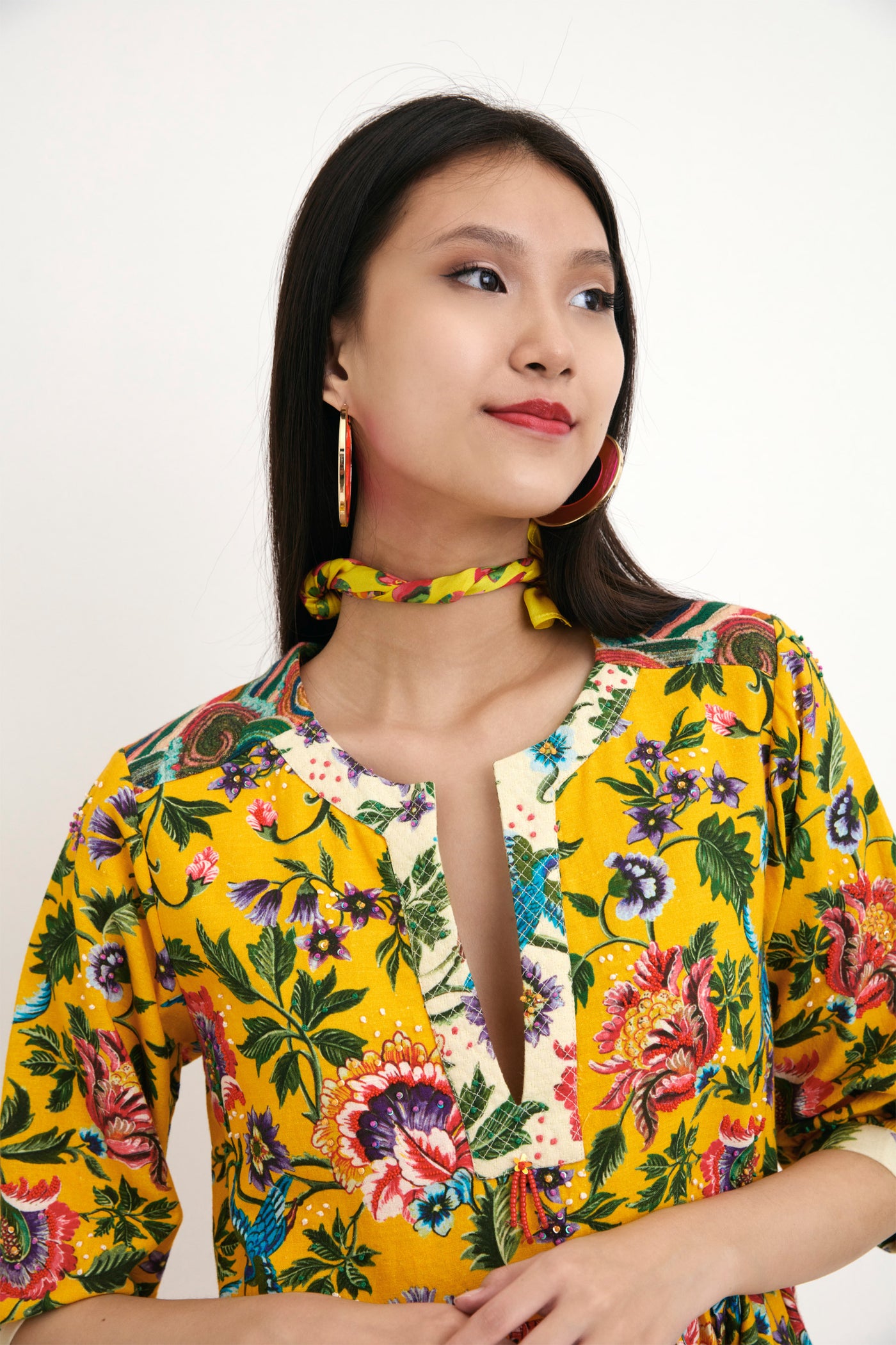 Nika Yellow Chintz Printed Hand Embroidered Cotton Dress sustainable western indian designer wear online shopping melange singapore