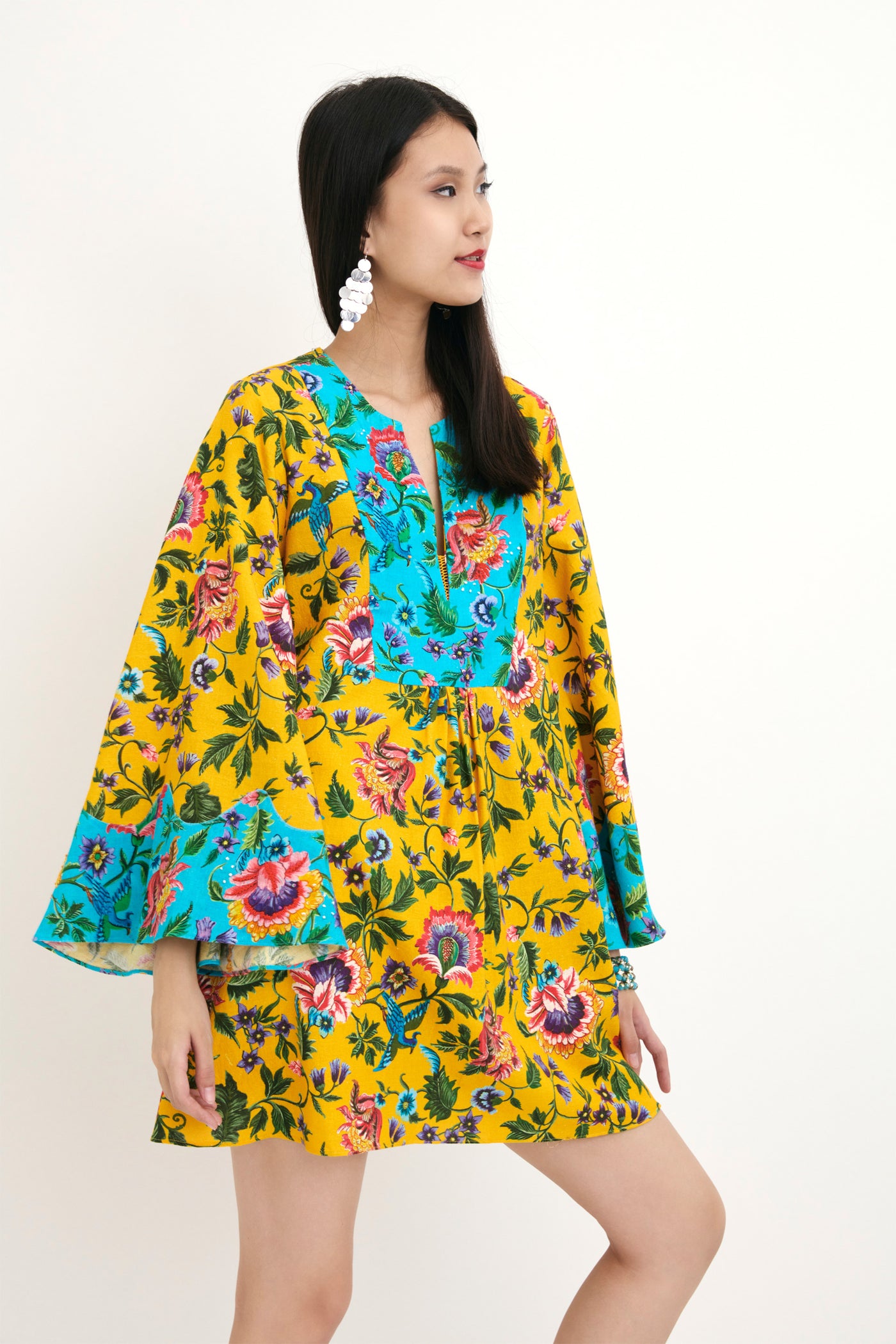 Nika Yellow And Blue Chintz Printed Cotton Tunic sustainable western indian designer wear online shopping melange singapore