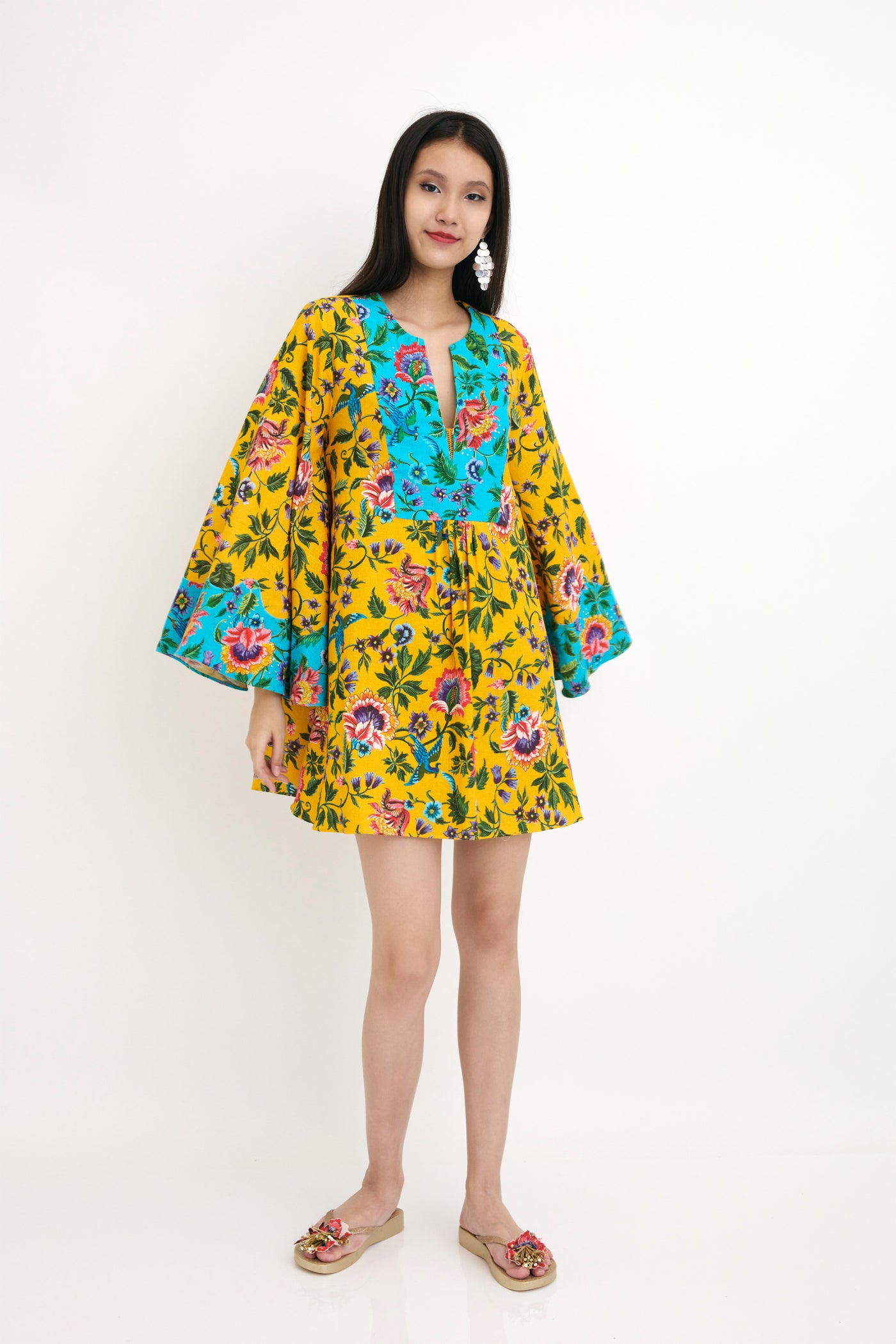 Nika Yellow And Blue Chintz Printed Cotton Tunic sustainable western indian designer wear online shopping melange singapore