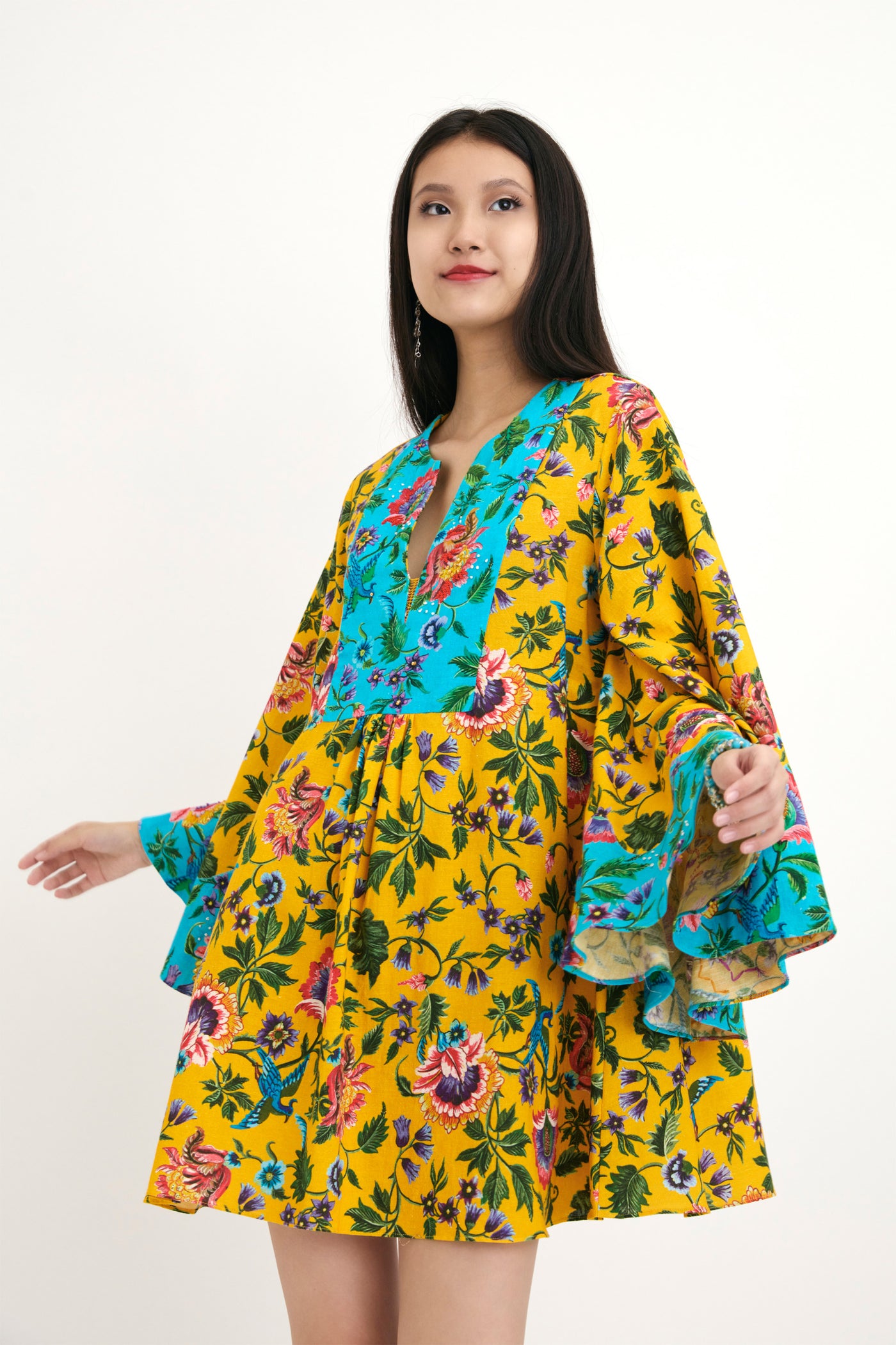 Nika Yellow And Blue Chintz Printed Cotton Tunic sustainable western indian designer wear online shopping melange singapore