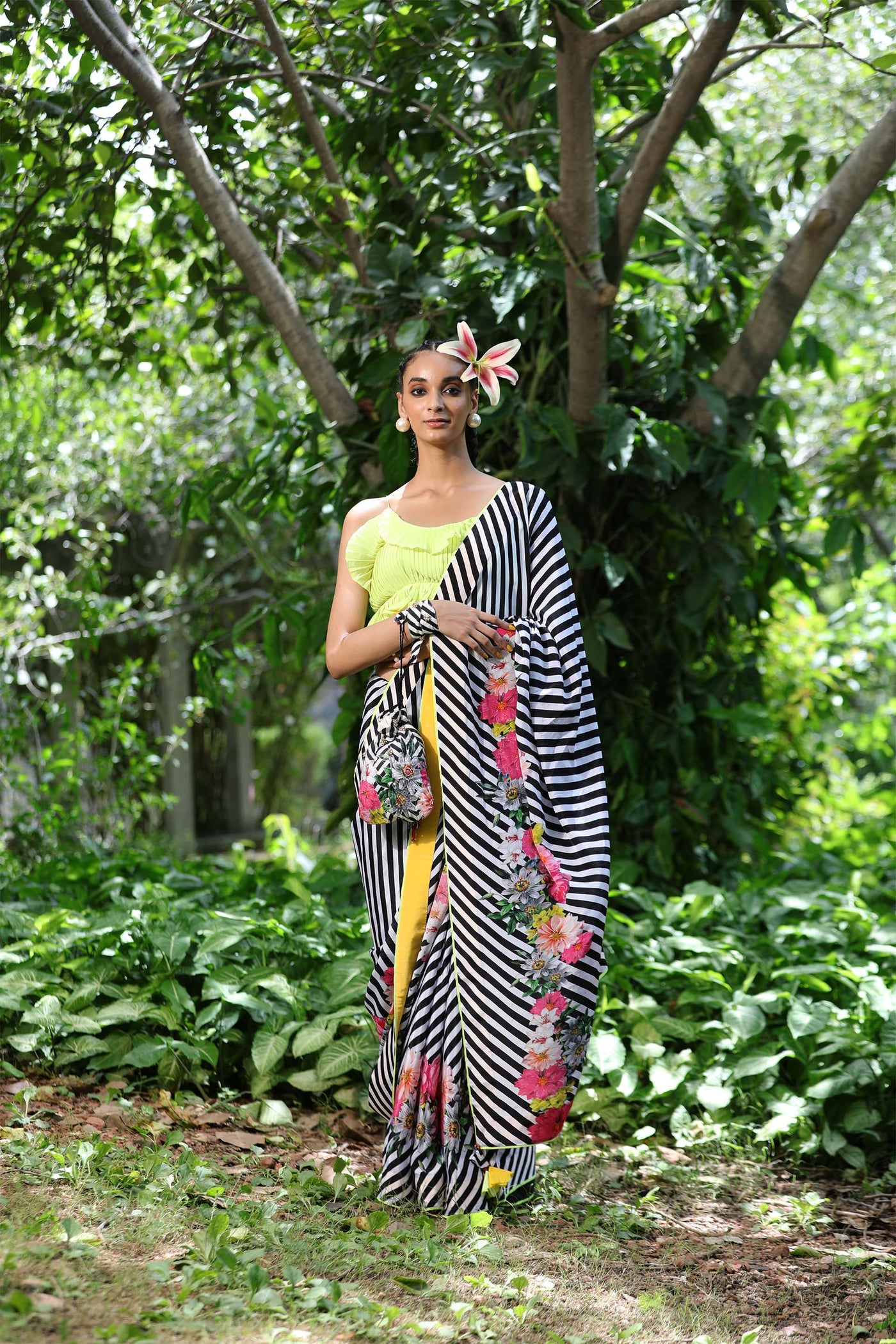 Nikasha Black And White Lehariya Saree Set festive indian designer wear online shopping melange singapore