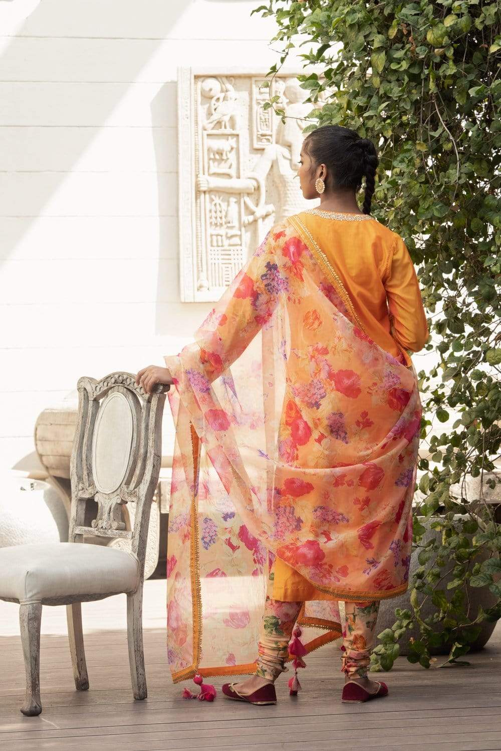Nikasha - Mango crepe kurta with chudidar and dupatta - Melange Singapore - Indian Designer Wear Online Shopping
