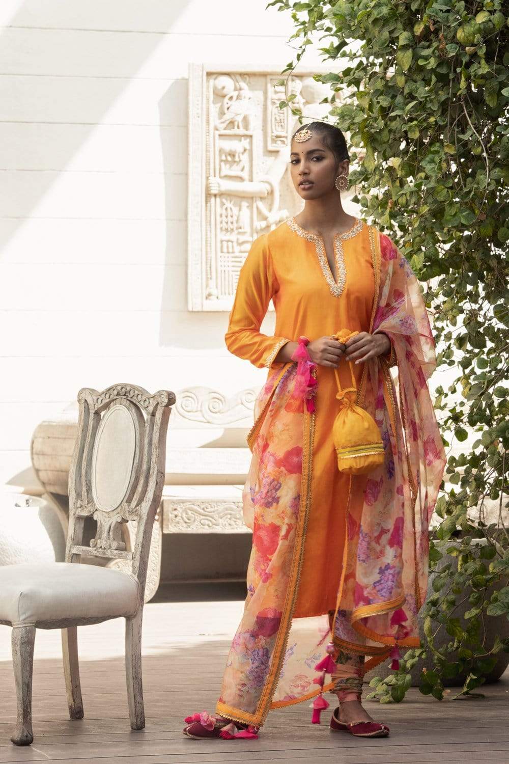 Nikasha - Mango crepe kurta with chudidar and dupatta - Melange Singapore - Indian Designer Wear Online Shopping