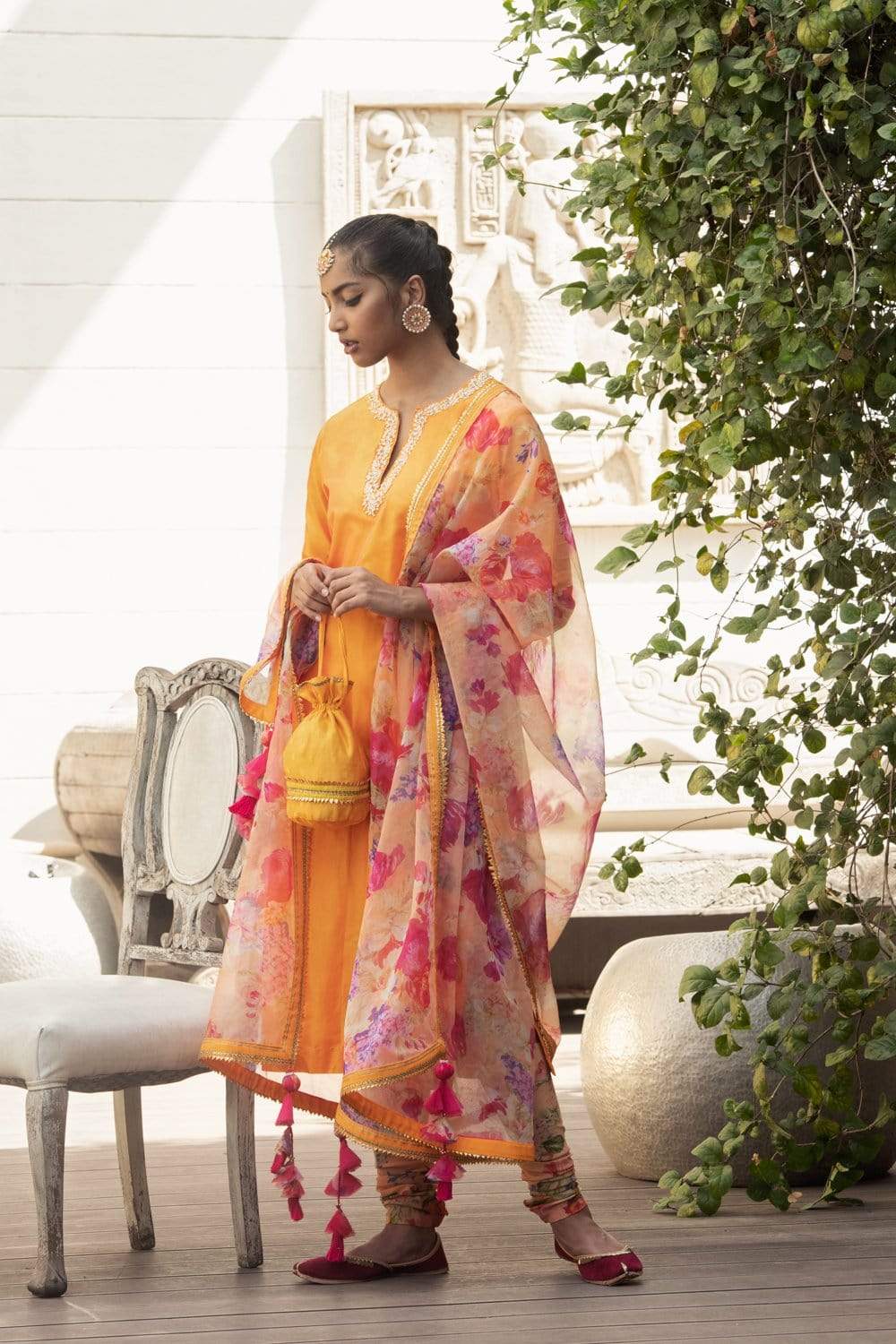 Nikasha - Mango crepe kurta with chudidar and dupatta - Melange Singapore - Indian Designer Wear Online Shopping