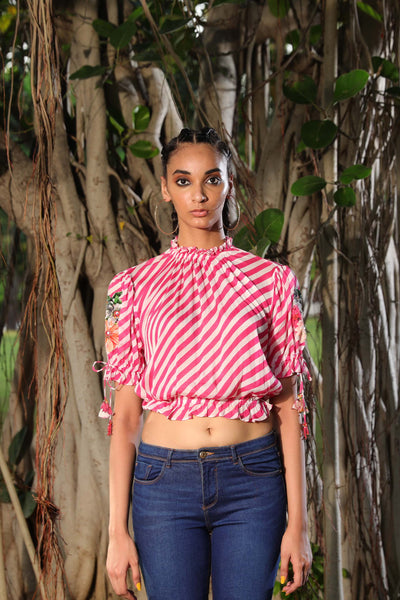 Nikasha Chiffon Lehariya Ruched Neck Top pink casual indian designer wear online shopping melange singapore