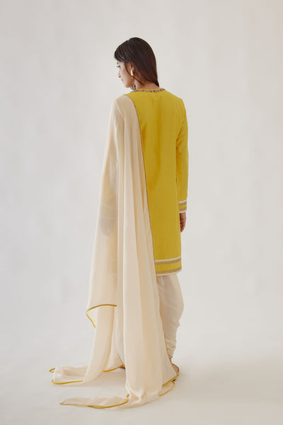 Nikasha Handwoven Cotton Silk Yellow and Cream Kurta Dhoti Set yellow festive indian designer wear online shopping melange singapore