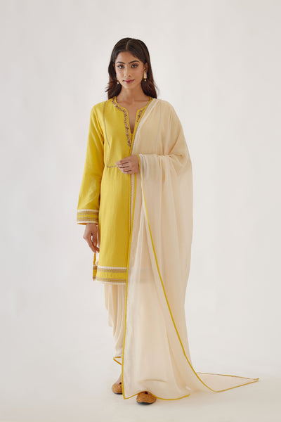 Nikasha Handwoven Cotton Silk Yellow and Cream Kurta Dhoti Set yellow festive indian designer wear online shopping melange singapore