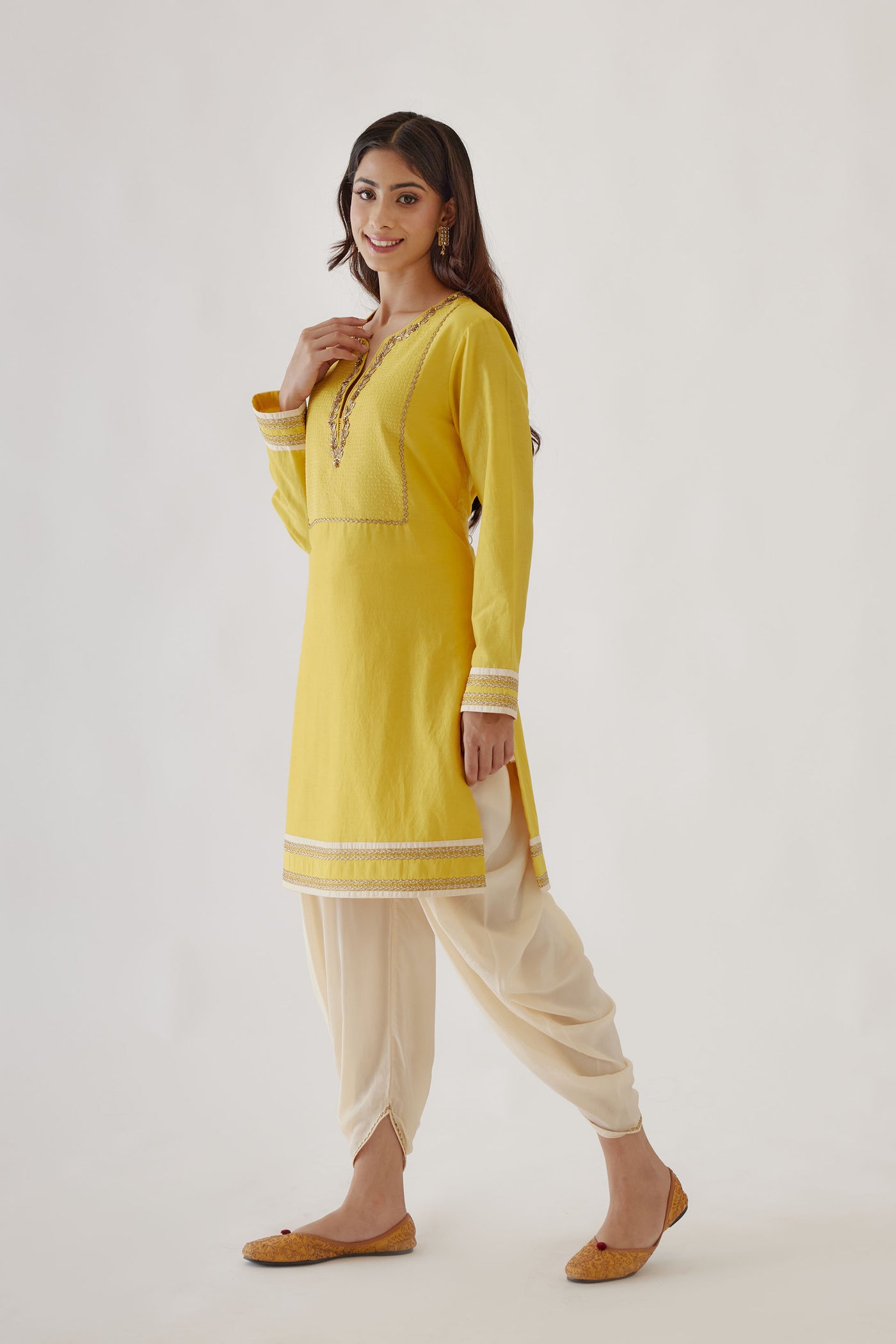 Nikasha Handwoven Cotton Silk Yellow and Cream Kurta Dhoti Set yellow festive indian designer wear online shopping melange singapore